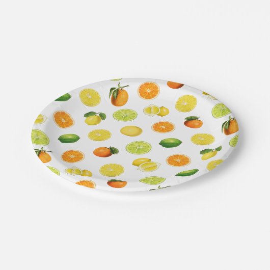 Geometrisches Zitrusfrucht-Erfrischungsmuster Pappteller (Schrägansicht)