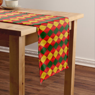 GEORDNETE HARLEQUIN, RED,GREEN,GOLD-TABLE RUNNER 1 KURZER TISCHLÄUFER