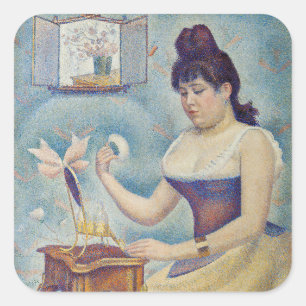 Georges Seurat - Junge Frau, die sich pudert Quadratischer Aufkleber
