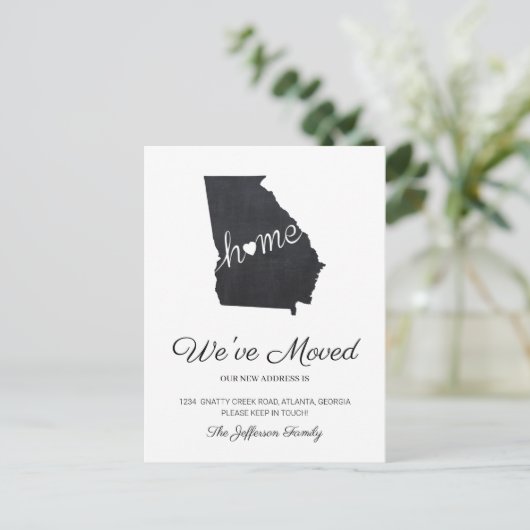 Georgia Chalkboard Staat Map Moving Postcard Ankündigungspostkarte (Stehend Vorderseite)