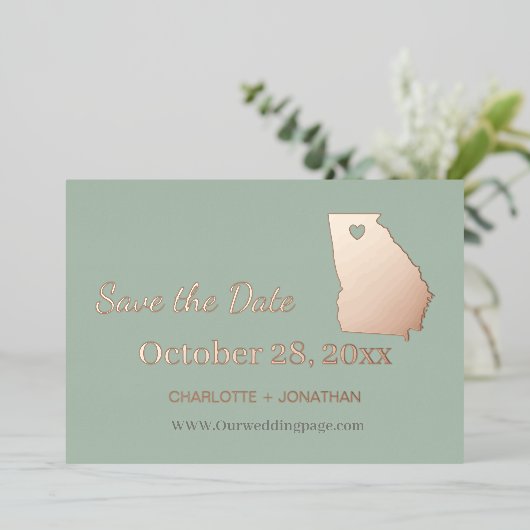 Georgia Hochzeit speichern das Datum Rose Gold Folieneinladung (Stehend vorne)