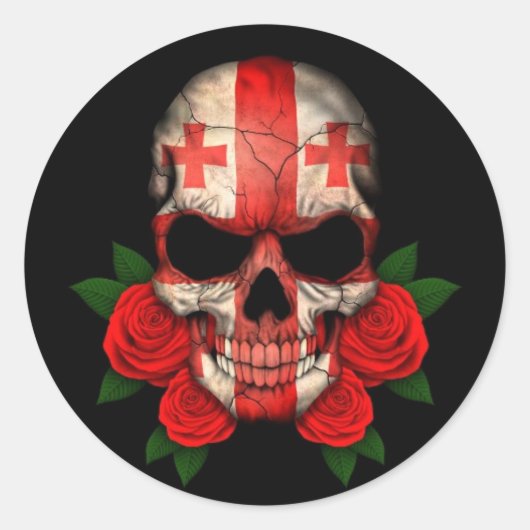 georgischer Flaggenschädel mit Rote Rosen Runder Aufkleber (Vorderseite)