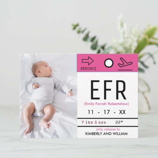 Gepäck Anspruchsschein Niedlich Baby Girl Birth Ankündigung (Stehend Vorderseite)