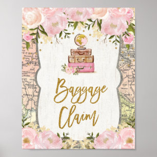 Gepäckabholung Reise Karte Rosa Blumige Hochzeitsp Poster