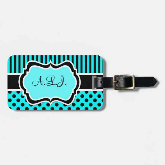 Gepäckmarke: Aqua, Black, White Striped Polk Dots Gepäckanhänger (Vorderseite horizontal)