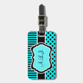 Gepäckmarke: Aqua, Black, White Striped Polk Dots Gepäckanhänger (Vorderseite vertikal)