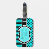 Gepäckmarke: Aqua, Black, White Striped Polk Dots Gepäckanhänger (Rückseite vertikal)