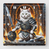 gepanzerte Katze mit Schwert und Schild Quadratische Wanduhr (Vorderseite)