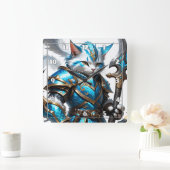 Gepanzerte Katzenkrieger in blauer Rüstung mit Mit Quadratische Wanduhr (Zuhause)