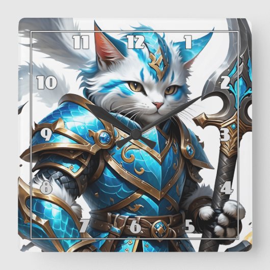 Gepanzerte Katzenkrieger in blauer Rüstung mit Mit Quadratische Wanduhr (Vorderseite)