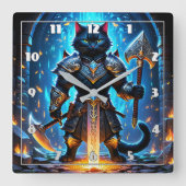 Gepanzerte Katzenkrieger in einer mystischen Umgeb Quadratische Wanduhr (Vorderseite)