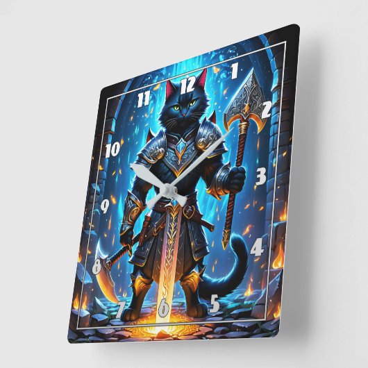 Gepanzerte Katzenkrieger in einer mystischen Umgeb Quadratische Wanduhr (Winkel)