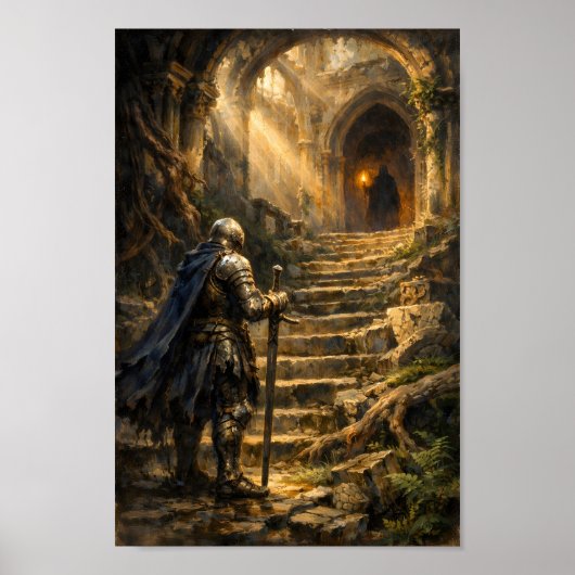 Gepanzerter Ritter, der einer verhüllten Figur im Poster (Vorne)