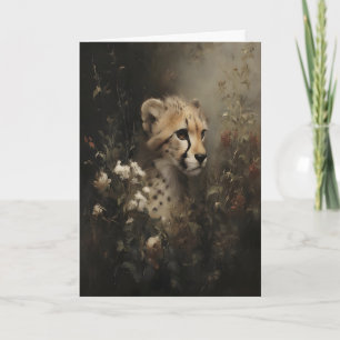 Gepard in Wildblumen Vintage-Ölgemälde, dunkel Karte