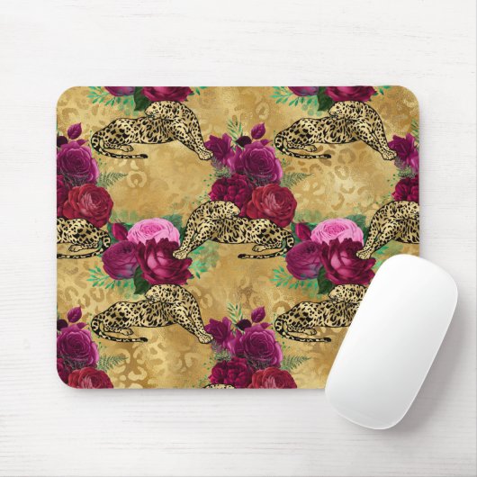 Gepard Leopard Rote Rose Florales Blumenmuster Mousepad (Mit Mouse)