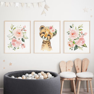 Geparden, Safari, rosa Blume, Girl-Kinderzimmer Bilderwand Sets