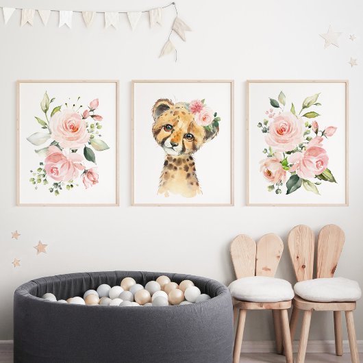 Geparden, Safari, rosa Blume, Girl-Kinderzimmer Bilderwand Sets