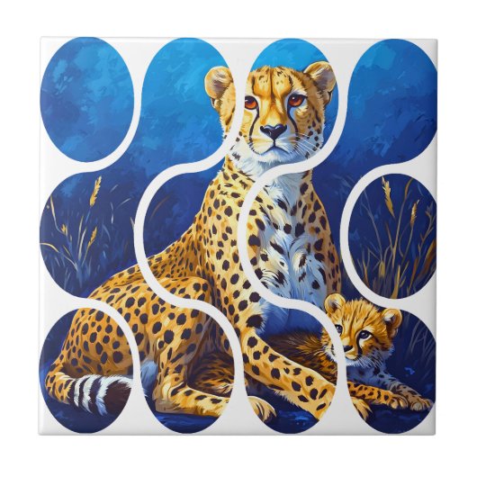 Gepardmutter und Jungtier Wildlife Design Fliese (Vorderseite)