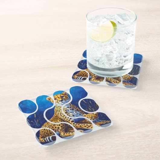 Gepardmutter und Jungtier Wildlife Design Glasuntersetzer (Schrägansicht)