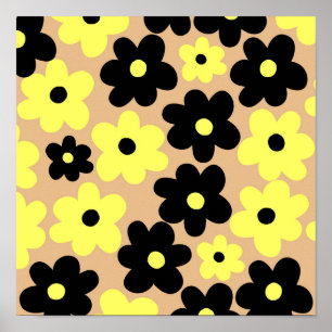 Gepflegte gelbe schwarze Hippie-Blumenmuster Poster