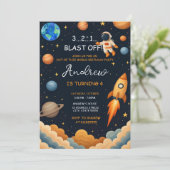 Gepflegtes Äußeres Boy Blast Off Rocket Ship Gebur Einladung (Stehend Vorderseite)