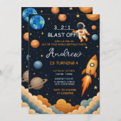 Gepflegtes Äußeres Boy Blast Off Rocket Ship Gebur Einladung (Vorne/Hinten)