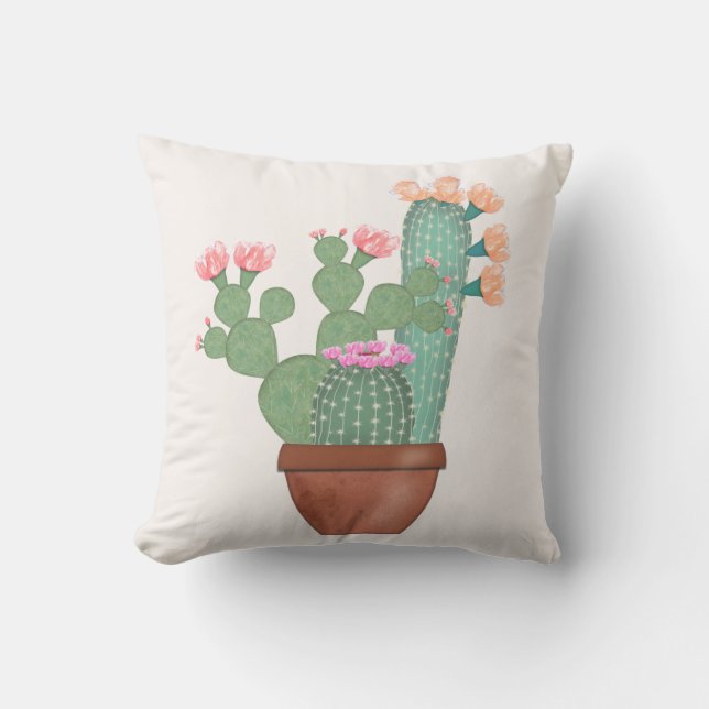 Gepotted Blooming Cactus Watercolor Kissen (Vorderseite)