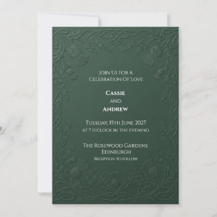 Geprägte dunkelgrüne keltische Distel-Hochzeit Einladung