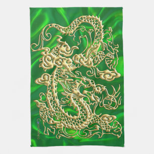 Geprägter goldener Drache auf grünem Satin-Druck Geschirrtuch