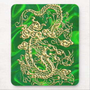 Geprägter goldener Drache auf grünem Satin-Texturd Mousepad