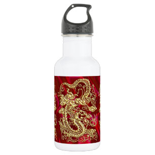 Geprägter goldener Drache auf rotem Satin-Druck Edelstahlflasche