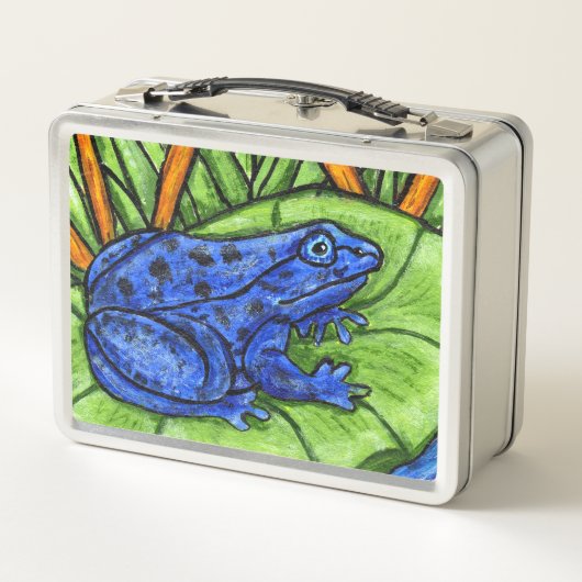 Gepunkteter Blauer Frosch auf Lily Pad Grass Reed  Metall Brotdose (Rückseite)