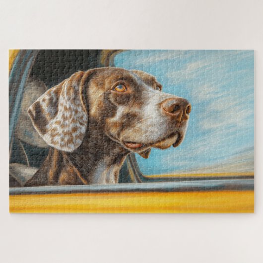 Gepunkteter Hund auf einem Auto Abenteuer Kunst Puzzle (Horizontal)
