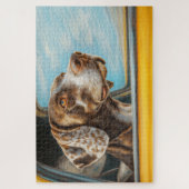 Gepunkteter Hund auf einem Auto Abenteuer Kunst Puzzle (Vertikal)