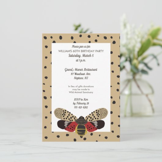 Gepunkteter Lanternfly-Bug Personalisiert Einladung (Stehend Vorderseite)