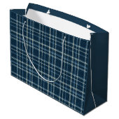 Gepunktetes kariertes Muster. grau-blau. Große Geschenktüte (Rückseite Schrägansicht)