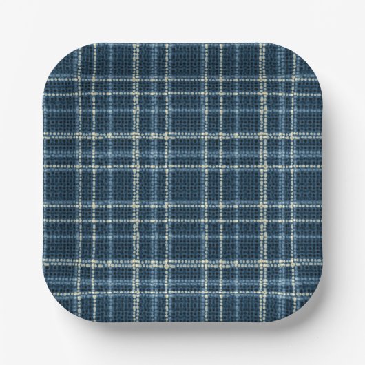 Gepunktetes kariertes Muster. grau-blau. Pappteller (Vorderseite)