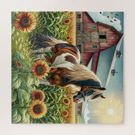 Gepunktetes Pferd, rustikaler Stall, Sonnenaufgang Puzzle (Horizontal)