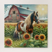 Gepunktetes Pferd, rustikaler Stall, Sonnenaufgang Puzzle (Vertikal)