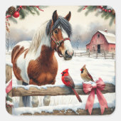 Gepunktetes Pinto Pferd und Kardinal Weihnachten Quadratischer Aufkleber (Vorderseite)