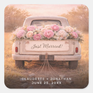 Gerade erst Heiratete Vintage-LKW-Blush-Blumenhoch Quadratischer Aufkleber