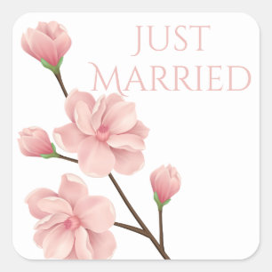 Gerade erst Heirats Hochzeit Rosa Kirschblüten-Blu Quadratischer Aufkleber
