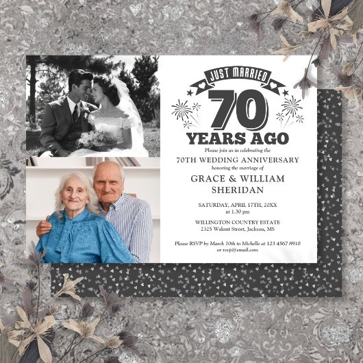 Gerade verheiratet 70. Hochzeitstag 2 Foto Einladung