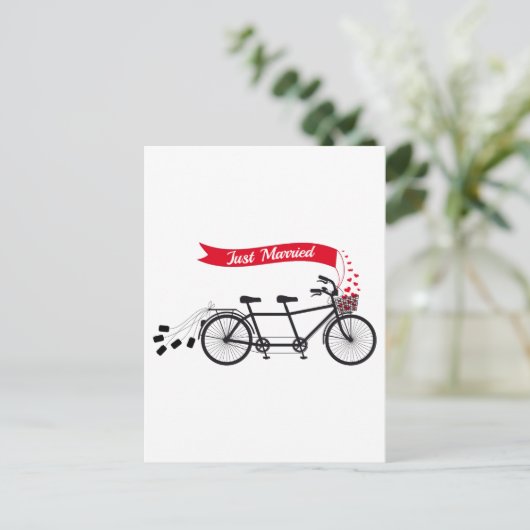 Gerade verheiratet, Hochzeittandem Fahrrad Ankündigungspostkarte (Stehend Vorderseite)