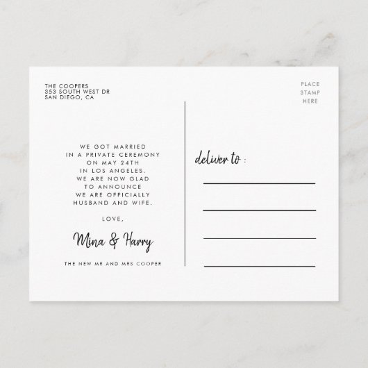 Gerade verheiratet Moderne Typografie Hochzeitssze Postkarte (Rückseite)
