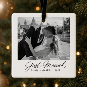 Gerade Verheiratet Personalisiertes Hochzeitsfoto  Keramikornament