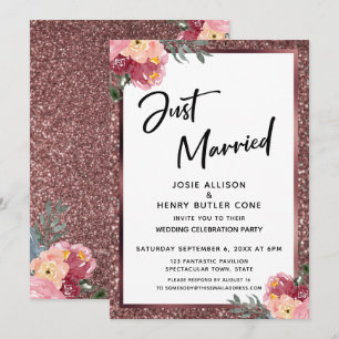 Gerade Verheiratet Rose Gold Glitter und Blumen Einladung
