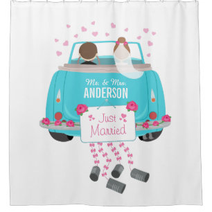 Gerade verheiratetes Braut-und Duschvorhang
