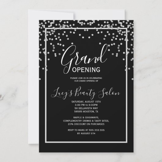 Gerahmt Black & White Confetti Grand Opening Einladung (Vorderseite)