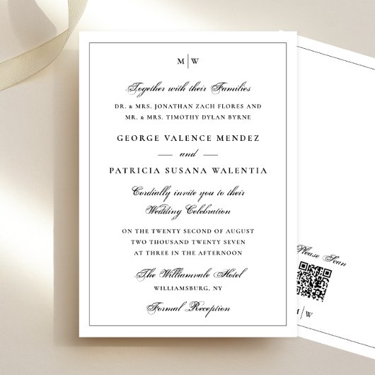 Gerahmt | Elegante Monogram White QR Code Wedding Einladung
